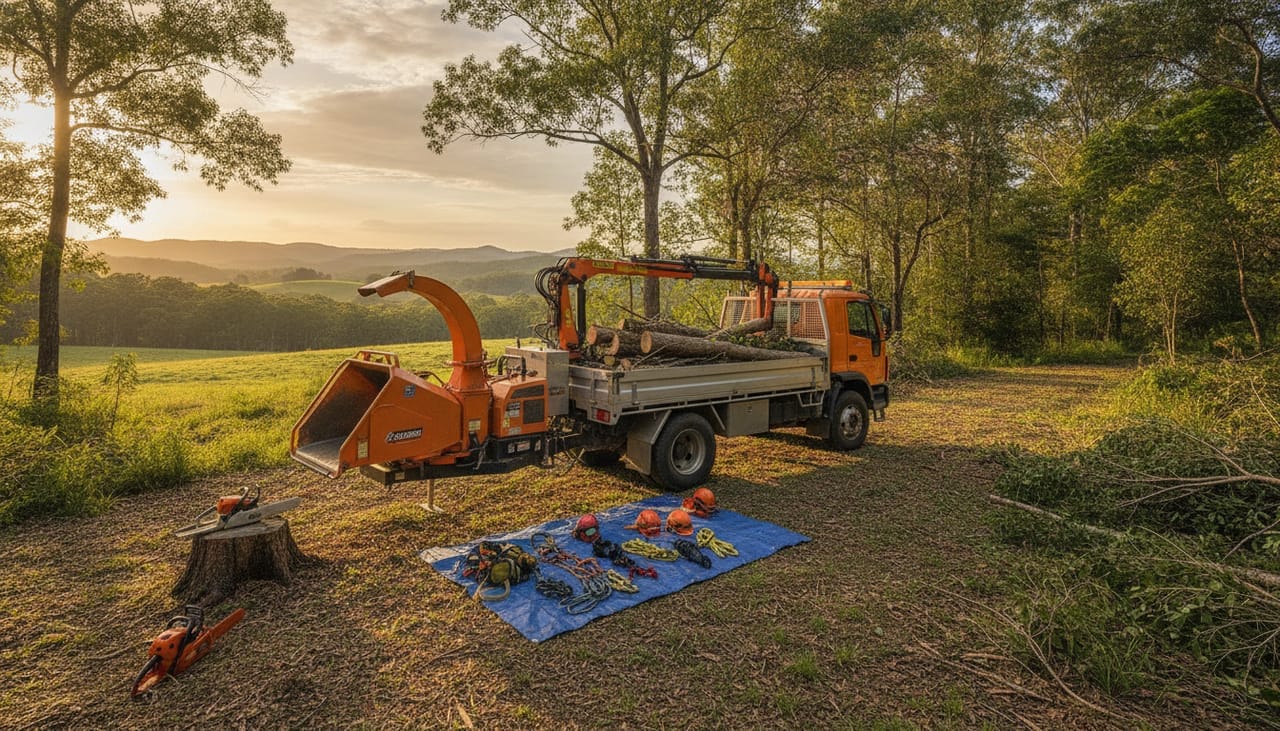 Brisbane North Arborist work truck and wood chipper on site in the Brisbane North